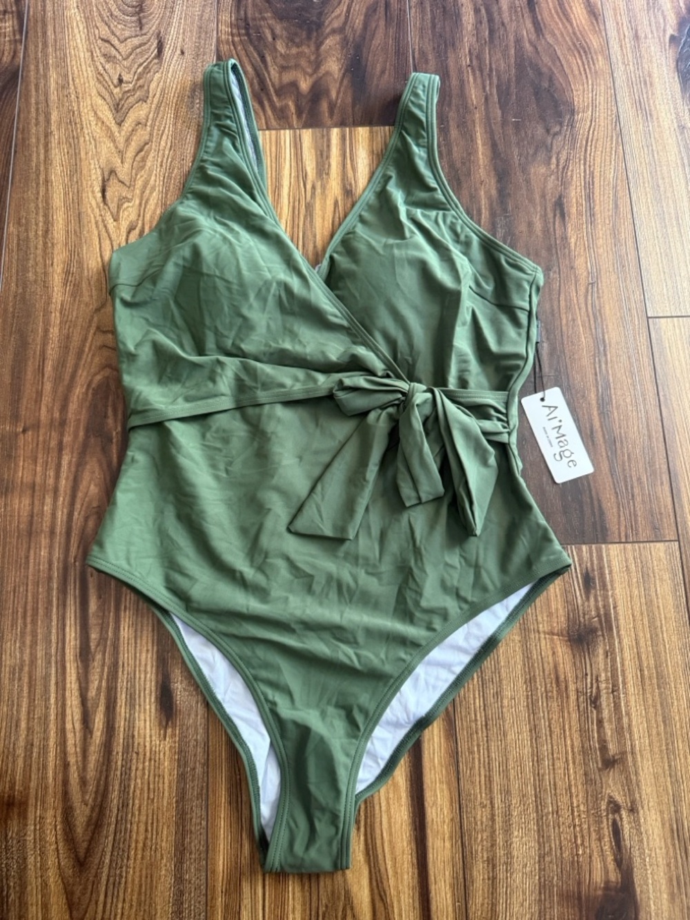 Olive Green One-Piece Swimsuit with Tie-Waist